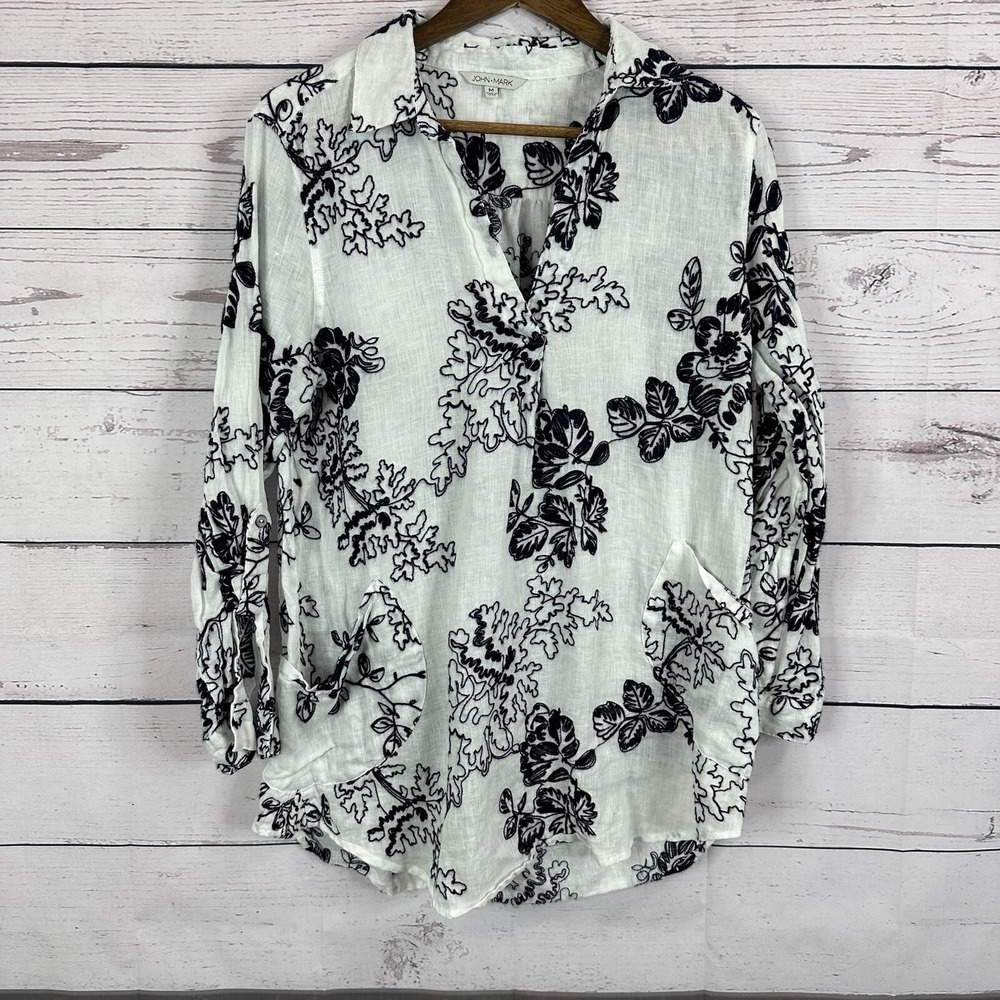 John Mark Linen Shirt Top Womens Medium Whiteâ Floral Embroidered Artisan Boxy